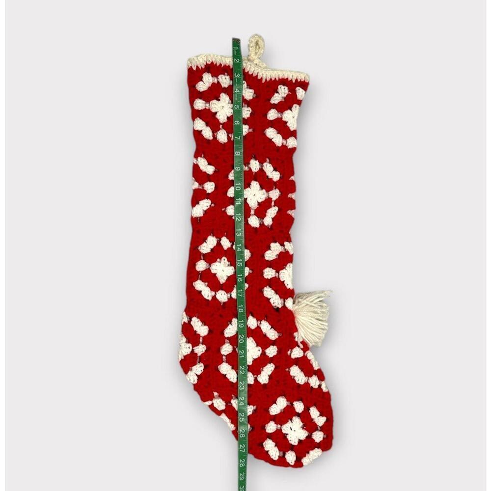 Handmade Crochet Christmas Stocking Granny Square Style Red White Pompom Bell - Picture 6 of 7